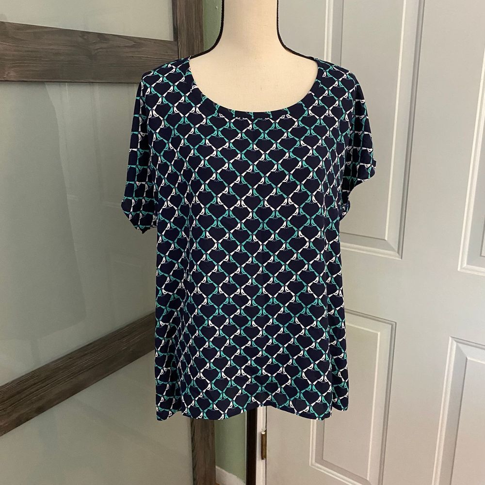 Pleione - Navy blouse with bird pattern
